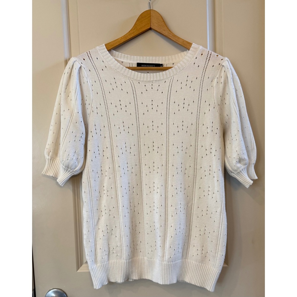 MEROKEETY Womens Cream Pointelle Knit Short Puff Sleeve Crew Neck Sweater Size M